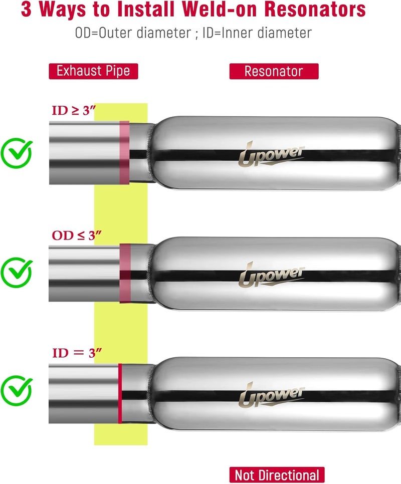 U-Power 3" Inlet&Outlet Exhaust Resonator,16" Overall Length Center Straight Through Stainless Steel Muffler,Polished - Image 3
